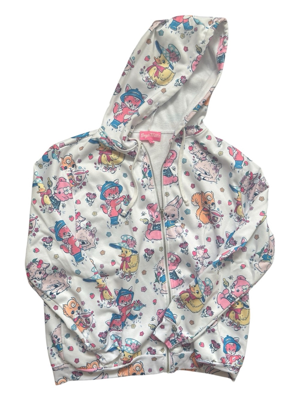 Sugar Thrillz White Hooded Zip-Up Pajama Top with Pastel Cartoon Characters